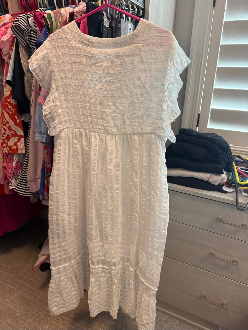 Anthropologie White Textured V-Neck Midi Dress with Ruffle Details - Picture 2 of 3
